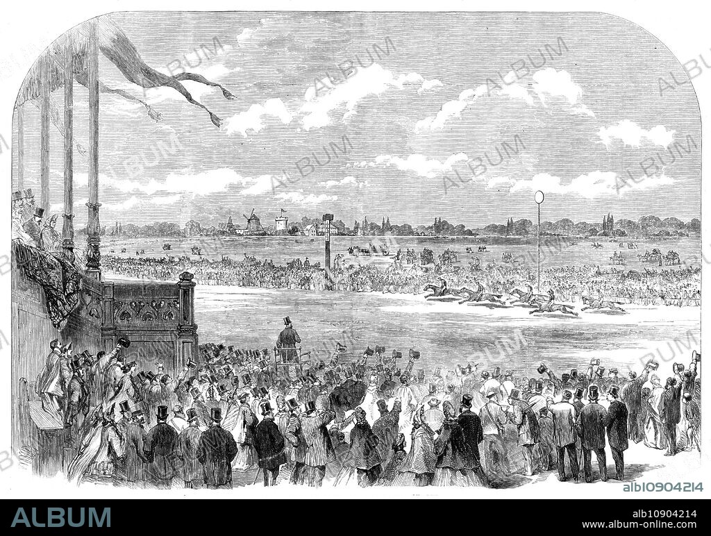 The Race for the Grand Prix de Paris, at Longchamps, on the 5th June, 1864. '...owing to the inferiority of the animals ultimately left on the card, the "International" was reduced to a match between England and France...It may be said without exaggeration that one hundred thousand "elegant" people were present at Longchamps; the arrival and departure of the brilliant equipages as they emerged from or drove towards the Bois de Boulogne was itself a most delightful sight...the general expectation was that Blair Athol would achieve an easy victory; and near the finish, when Challoner made his too-long deferred effort to win, the general cry was "Le vert! Le vert!" but, notwithstanding the betting and the almost foregone conclusion, the "green" was obliged to succumb to a fresher though not a better horse...It would, however, be unfair to depreciate the victory of Vermouth, who has proved himself...to be a first-rate animal, worthy of the honours he has carried off and of the very natural applause with which his triumph was greeted by the...French people. They were thus recompensed for their defeat of last year, which they bore, let it be here emphatically remarked, with "exemplary" politeness and good feeling'. From "Illustrated London News", 1864.