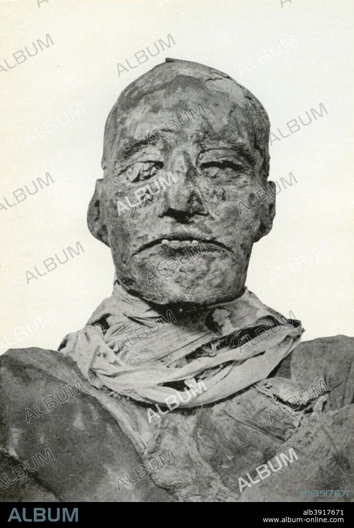 Head of the mummy of Rameses III, Ancient Egyptian pharaoh of the 20th Dynasty, c1156 BC (1926). Rameses III ruled Egypt from 1187 until 1156 BC. He is regarded as the last great pharaoh of the New Kingdom of Ancient Egypt. A print from Kings and Queens of Ancient Egypt, portraits by Winifred Brunton, Hodder and Stoughton, London, 1926.
