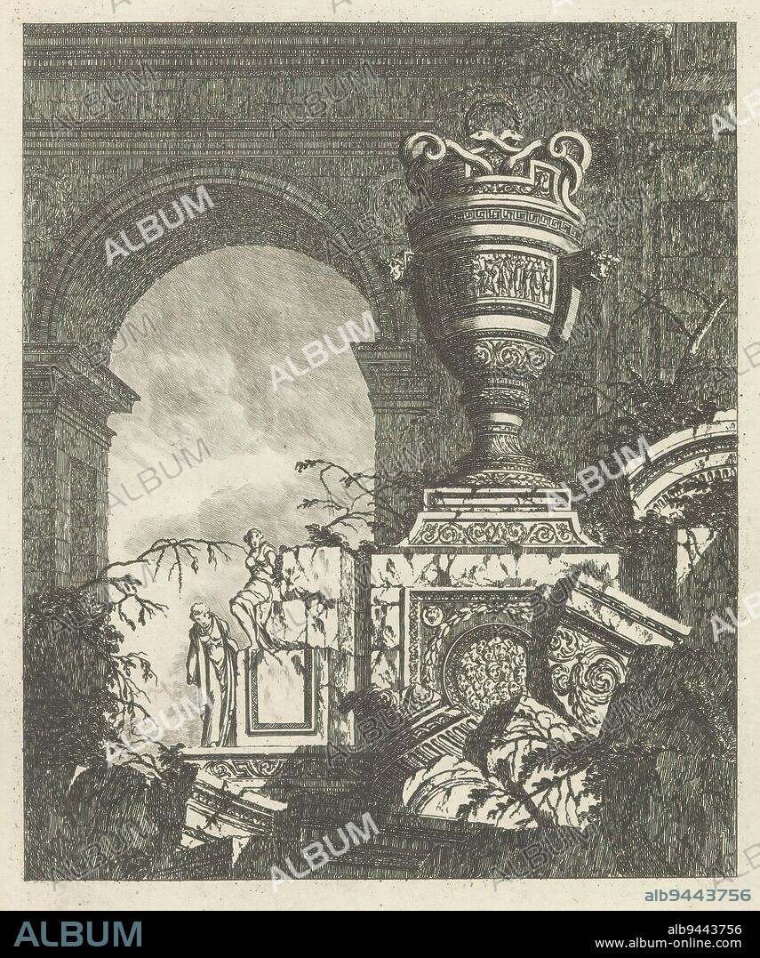 Architectural fantasy with grotesque vase, Architectural fantasy with grotesque vase with snakes. On the left, an arch with two figures. Part of group of prints taken from one of four series of vases, ruins, tombs and fountains totaling about 25 sheets., print maker: Jean Laurent Legeay, (mentioned on object), after own design by: Jean Laurent Legeay, (mentioned on object), France, 1767 - 1770, paper, etching, height 195 mm × width 165 mm.