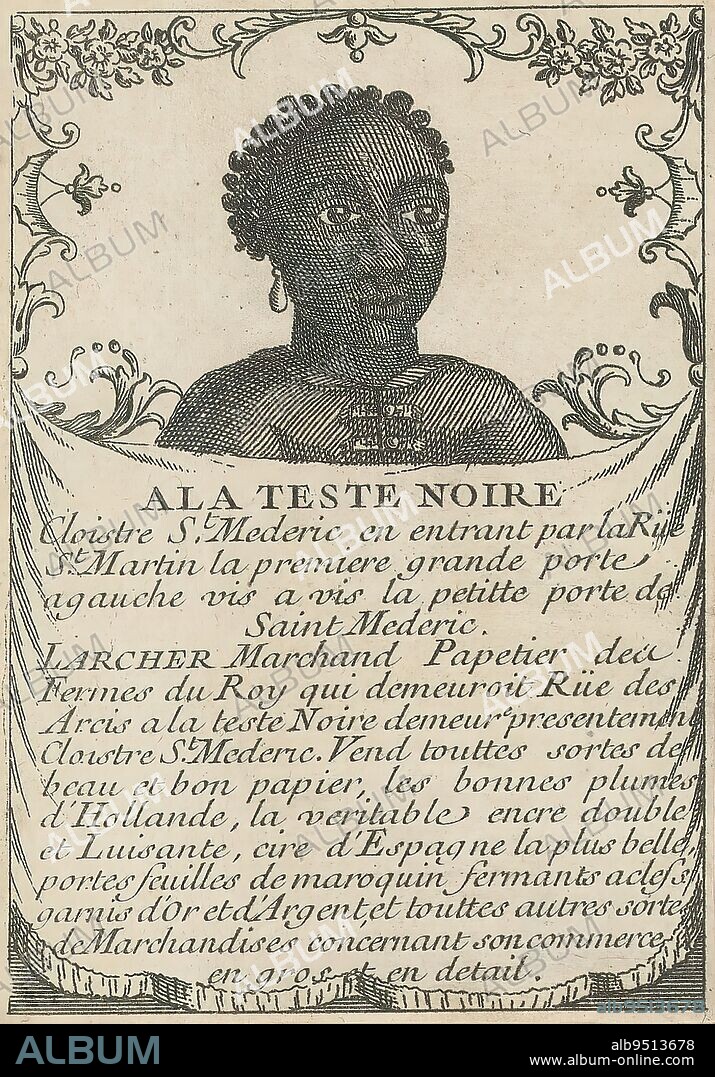 Business card of Larcher stationery store in Paris, A la teste noir (title on object), View of a black man holding a pearl earring., print maker: anonymous, c. 1720 - 1762, paper, etching, height 103 mm × width 72 mm.
