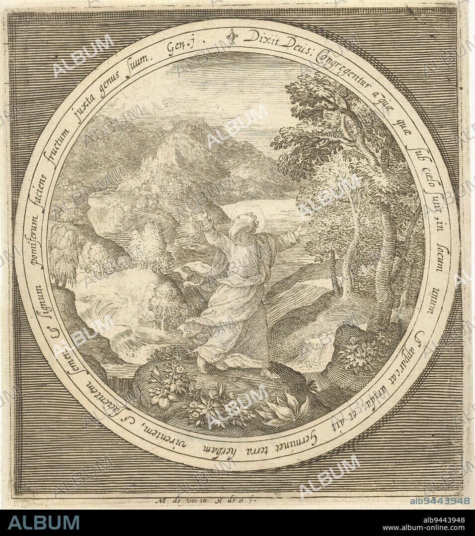 Third day of creation: God creates land and seed forming plants and trees with fruits bearing seeds. Water recedes into rivers and the sea. In medallion inscribed with a biblical text in Latin from Genesis 1 within rectangular frame, Third day of creation: God creates land and seed forming plants and trees with fruits bearing seeds From creation to expulsion from paradise (series title), print maker: Nicolaes de Bruyn, (mentioned on object), Maerten de Vos, (mentioned on object), Netherlands, 1581 - 1656, h 135 mm × w 124 mm.