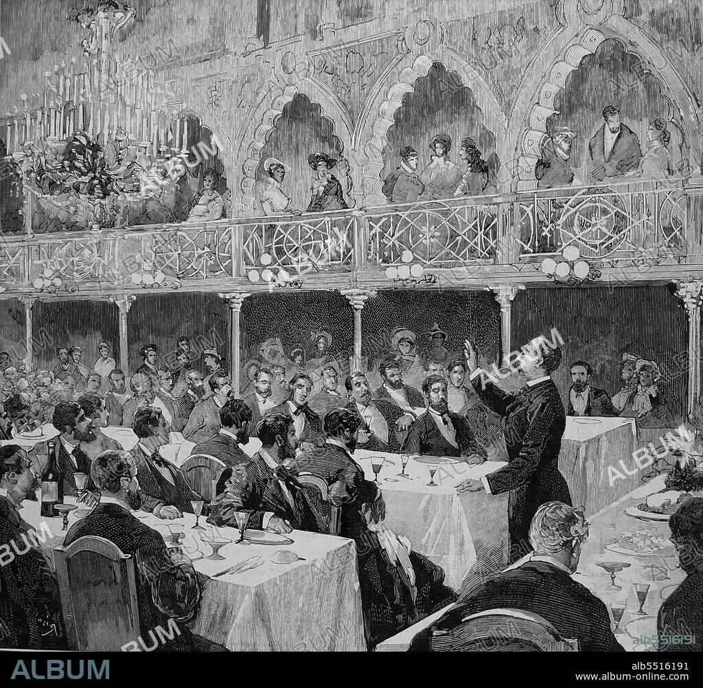 MORET , SEGISMUNDO. POLITICO ESPAÑOL . CADIZ 1838 - 1913. " BANQUETE DEL PARTIDO DEMOCRATICO MONARQUICO ". DISCURSO DE SEGISMUNDO MORET. GRABADO. ILUSRACION ESPAÑOLA Y AMERICANA , AÑO 1880.