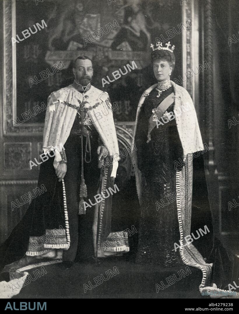 W&D DOWNEY. 'Their Majesties King George V and Queen Mary at their first opening of Parliament', 6 February 1911, (1951). George V (1865-1936) and Mary of Teck (1867-1953) of the United Kingdom. From "The Queen Mother", by Marion Crawford ("Crawfie"), governess of Princess Margaret and Princess Elizabeth (the future Queen Elizabeth II). [George Newnes Limited, London, 1951].