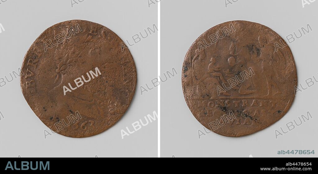 Philip II, King of Spain, calculation medal of the Council of Finance, Copper medal. Obverse: man's chest piece with laurel wreath inside an inscription. Reverse: Mary with Christ child on his lap, sitting on a chair under the roof, in front of her a kneeling and two standing men with gifts in their hands, shining star above it, cut off: inscription, Philip II (King of Spain), Council of Finance, anonymous, 1563, copper (metal), striking (metalworking), d 2.8 cm × w 3.88 gr.