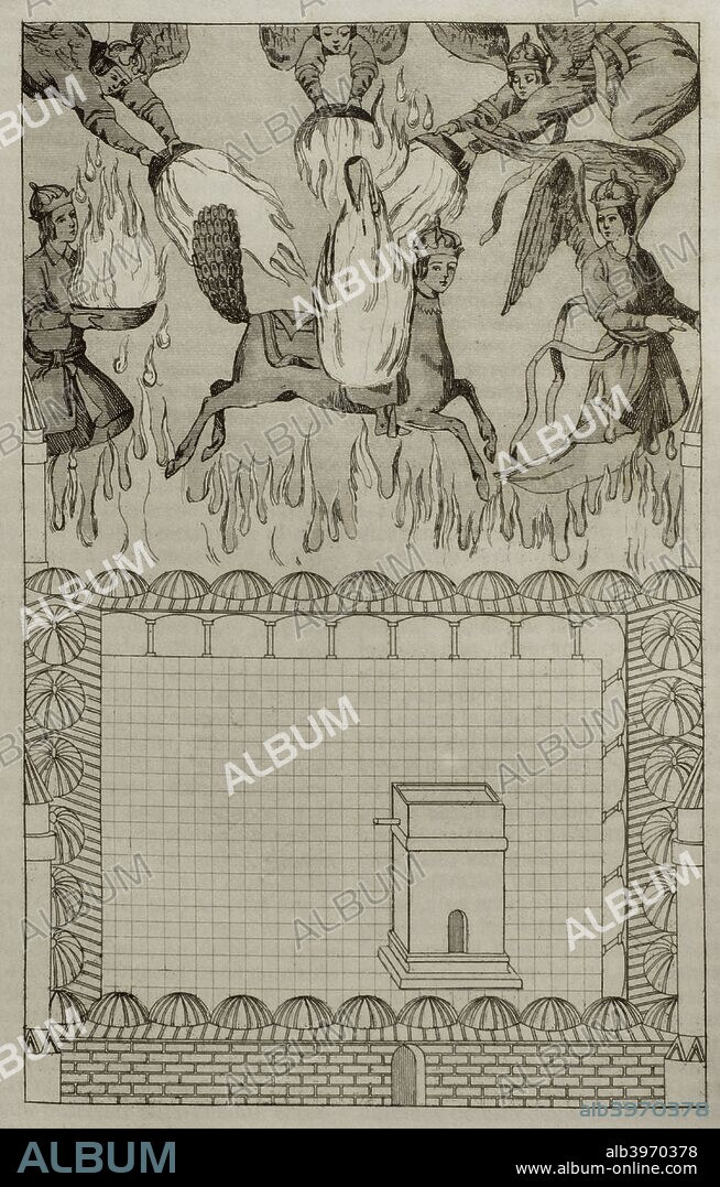 Mahoma, Muhammad b'Abd Allah, llamado (570/580-632). Fundador del Islam. Ascensión de Mahoma. Grabado. Panorama Universal. Historia de la Arabia, 1851. Biblioteca Histórico Militar de Barcelona. Cataluña. España.