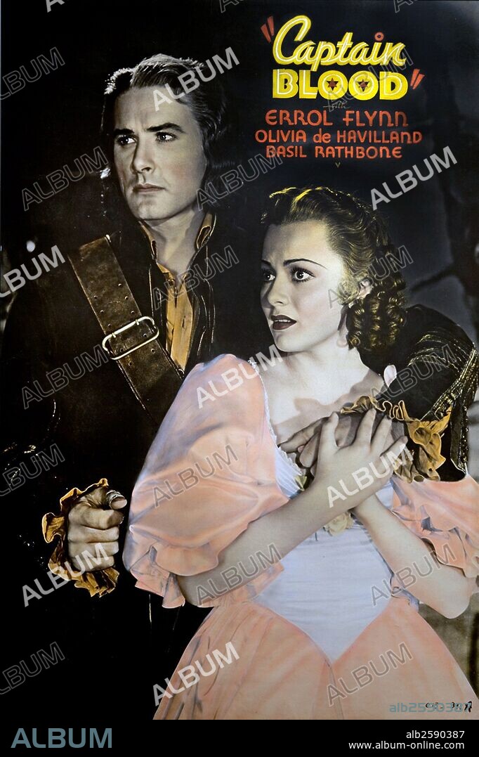 "Captain Blood" a 1935 American swashbuckling film starring Errol Flynn, Olivia de Havilland and Basil Rathbone.