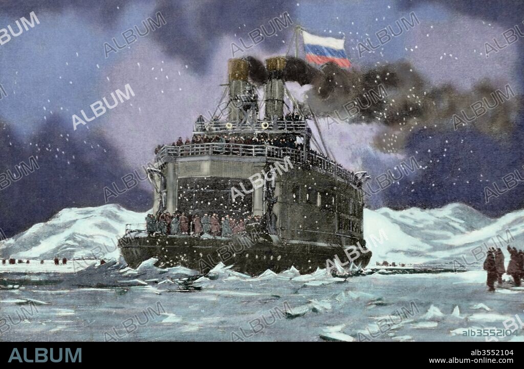 GUERRA RUSO-JAPONESA (1904-1905). Japón entró en guerra con Rusia con la finalidad de asegurarse intereses capitales en Corea y sur de Manchuria. "El transporte rompehielos Baikal conduciendo tropas rusas a través del lago Baikal, sur de Siberia, Rusia". Grabado de La Ilustración Española y Americana, 1904. Coloreado.