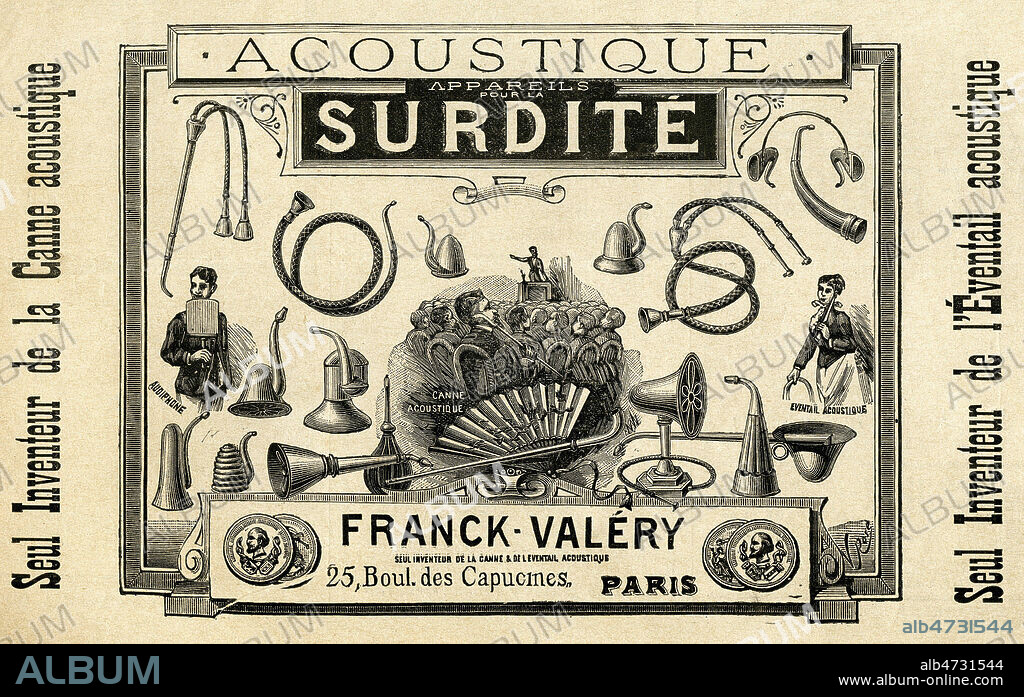 Appareils pour la surdite (Cornet, canne et eventail acoustiques, audiphone...). Illustration de Victor ROSE (19-20 s.) pour une publicite parue dans Le Chercheur d'octobre 1888. Credit : Coll. Jonas/KHARBINE-TAPABOR.