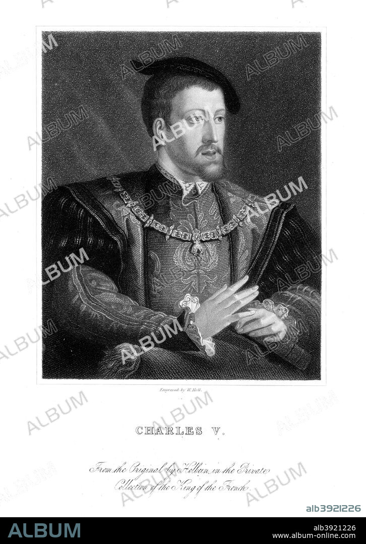 Charles V, King of Spain and Holy Roman Emperor. Crowned King Charles I of Spain in 1516, he was the founder of the Habsburg dynasty. He became Holy Roman Emperor in 1519. After the original painting by Holbein.