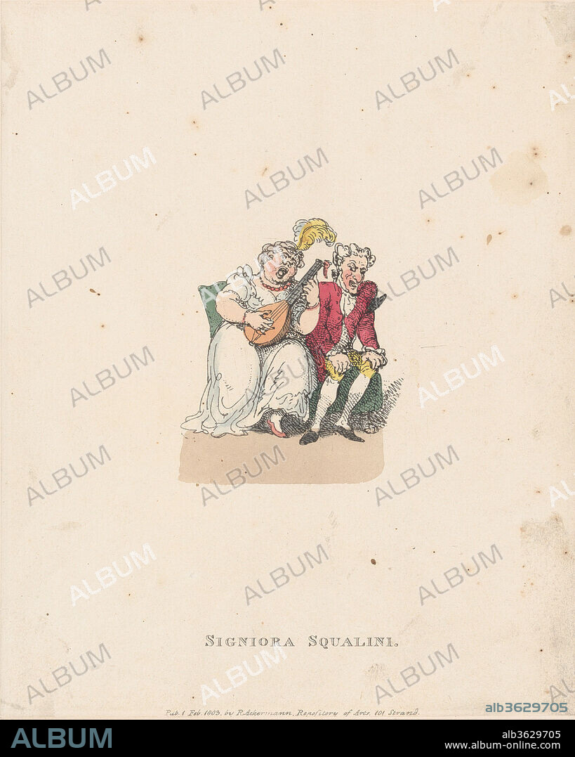 Signiora Squalini. Artist: Thomas Rowlandson (British, London 1757-1827 London). Dimensions: Sheet: 9 5/16 × 7 5/8 in. (23.7 × 19.3 cm). Publisher: Rudolph Ackermann, London (active 1794-1829). Date: February 1, 1803.
