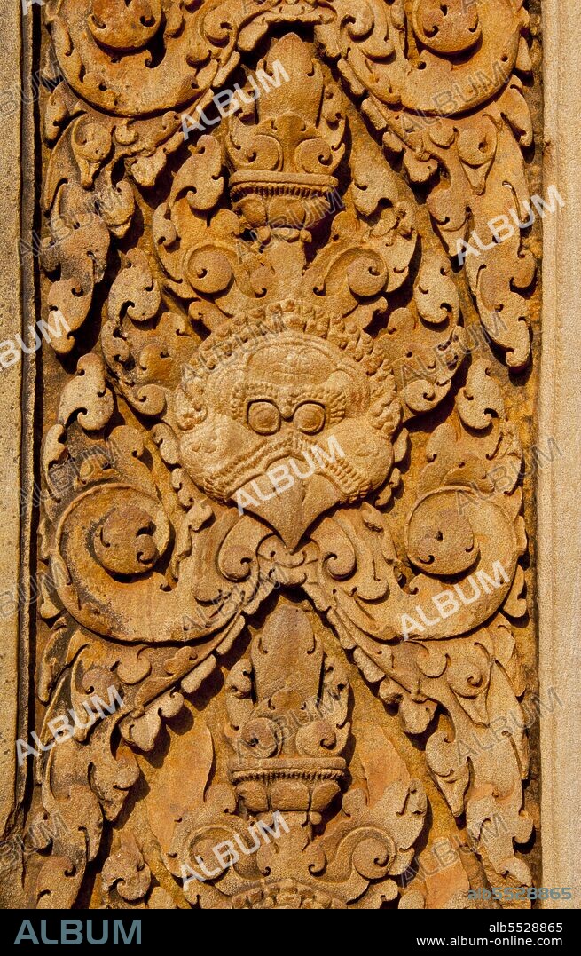 Banteay Srei (or Banteay Srey) is a 10th century Cambodian temple dedicated to the Hindu god Shiva and is located to the north-east of the main group of temples at Angkor. Banteay Srei is built largely of red sandstone, a medium that lends itself to the elaborate decorative wall carvings which are still observable today. Banteay Srei is sometimes referred to as the 'jewel of Khmer art.'.