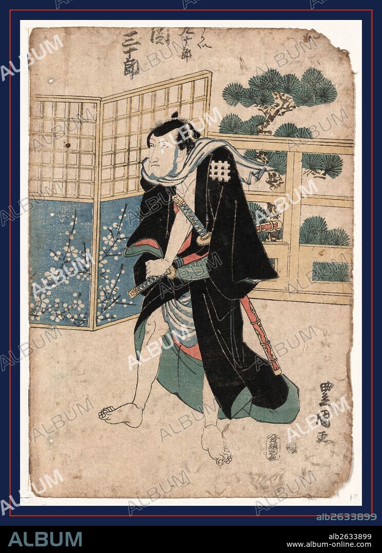 Seki sanjuro no ukai kujuro, The actor Seki Sanjuro in the role of Ukai Kujuro., Utagawa, Toyokuni, approximately 1777-1835, artist, [between 1818 and 1825], 1 print : woodcut, color ; 37.1 x 25.2 cm., Print shows Seki Sanjuro, an actor, full-length portrait, standing, facing left, in front of a folding screen.