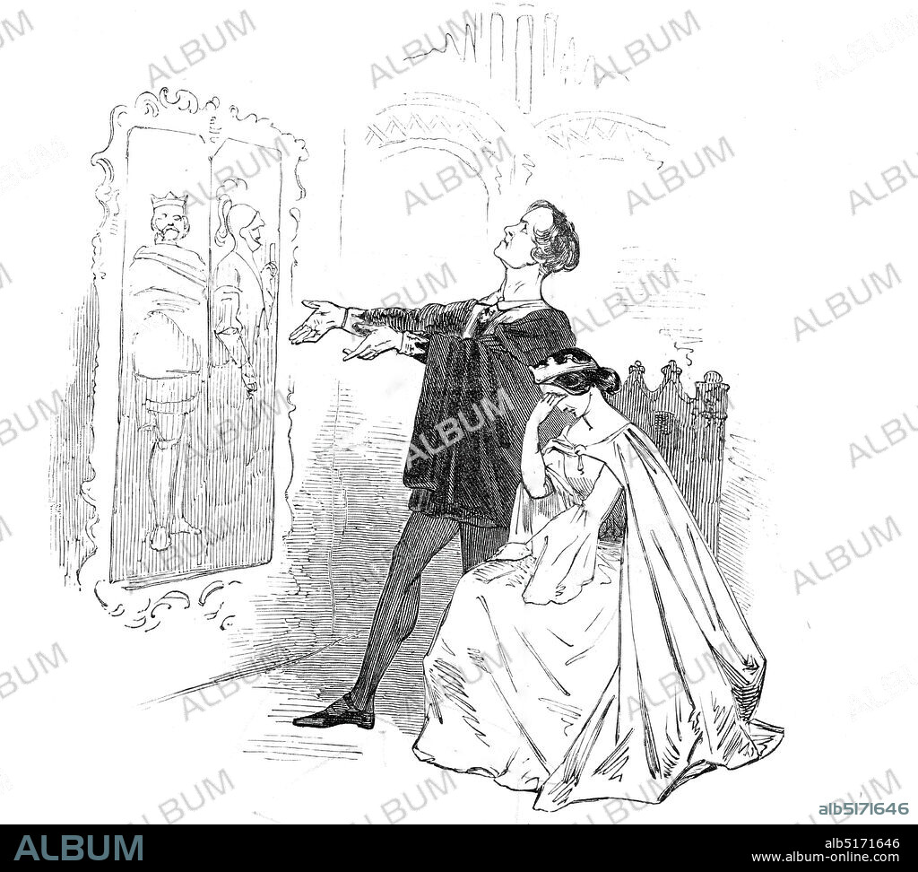 Mr. Macready, as Hamlet, at the Princess's Theatre, 1845. William Macready on the London stage in Shakespeare's "Hamlet": '...the appearance of Mr. Macready was the signal for one of the most extraordinary bursts of excitement we ever witnessed. The whole house rose, cheering and huzzaing with an enthusiasm that appeared perfectly frantic. Hats and handkerchiefs were waving in all directions, and roars of welcome succeeded one another with such unflagging heartiness, that we began to think, at one time, the chance of silence ever being restored was somewhat remote. At length, however, the tumult subsided, and the play was permitted to proceed...Miss Emma Stanley is a very clever young lady in vaudeville, but the character of Ophelia is a little beyond her grasp'. From "Illustrated London News", 1845, Vol VII.