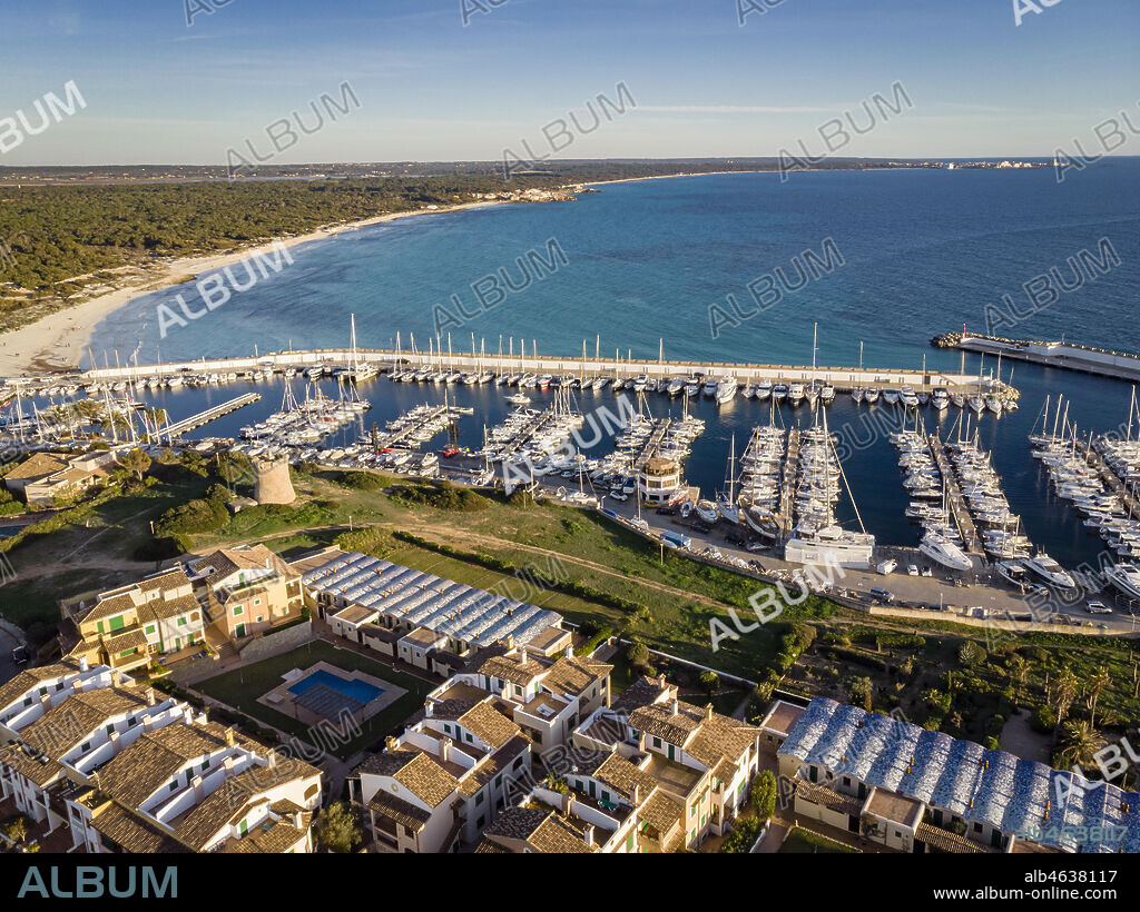 Sa Rapita beach and marina, Campos del Puerto, Mallorca, Balearic Islands, Spain.