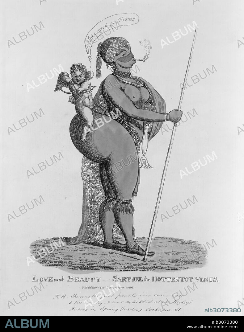 THE HOTTENTOT VENUS, 1811.Saartjie Baartman, the 'Hottentot Venus' (1789-1815). Originally from South Africa, Baartman was exhibited as a sideshow attraction in France for her exaggerated physical characteristics. Caricature etching, 1811.
