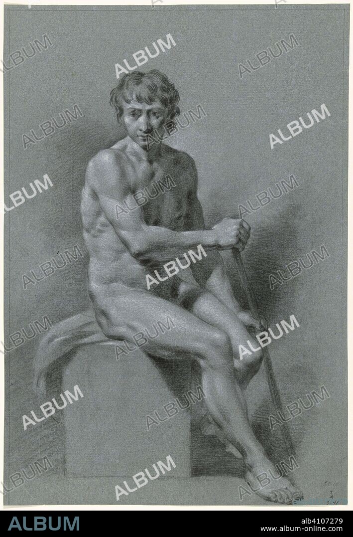 Male nude sitting on a block, a stick in both hands (rowing?). Draughtsman: anonymous. Dating: 1700 - 1800. Measurements: h 424 mm × w 291 mm.