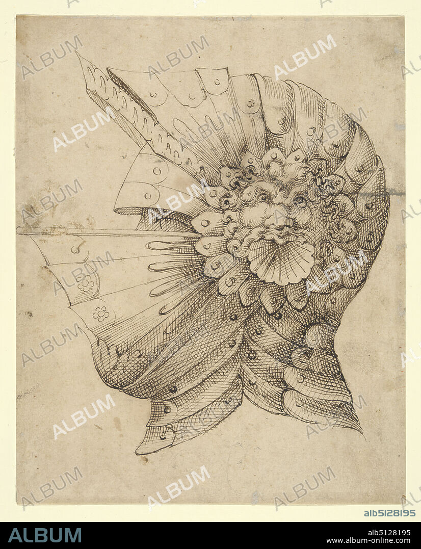 Artist, circle of: Jacopo Strada, Italian, 15071588, Artist, circle of: Ottavio Strada, Italian, 15501612,Artist, formerly attributed to: Pietro Buonaccorsi, called Perino del Vaga, Italian, 15011547, Helmet, late 16th century, Pen and brown ink, 19 × 15.1 cm (7 1/2 × 5 15/16 in.), Made in Italy, Italian, 16th century, Works on Paper - Drawings and Watercolors.