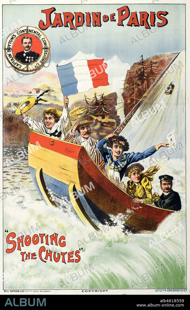 'Jardin de Paris : 'Shooting the chutes''. Attraction foraine, descente d'une cascade en barque. Affiche vers 1890. Credit : IM/KHARBINE-TAPABOR.
