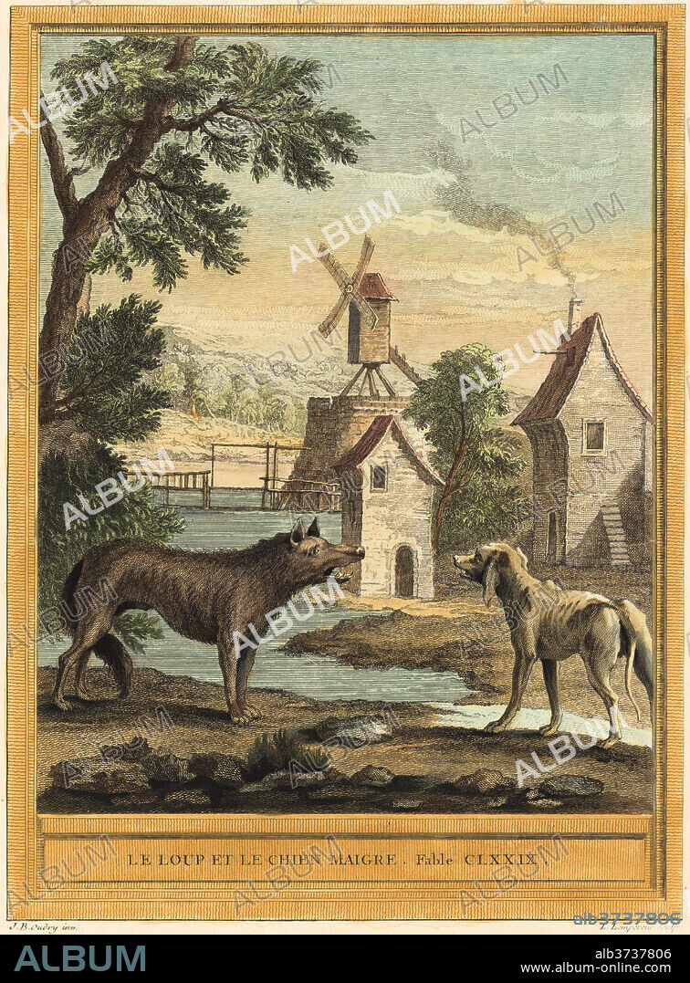 LOUIS-SIMON LEMPEREUR AFTER JEAN-BAPTISTE OUDRY. Le loup et le chien maigre (The Wolf and the Thin Dog). Dated: published 1756. Medium: hand-colored etching.
