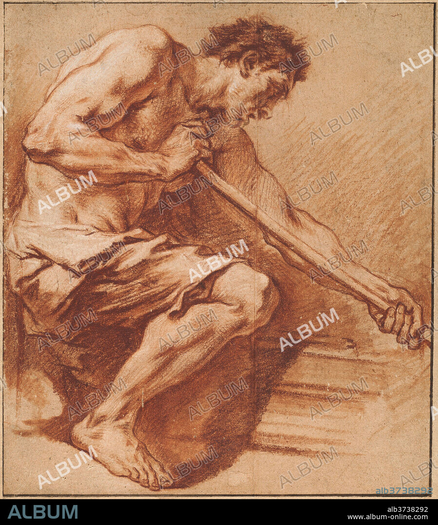 FRANCOIS BOUCHER. Worker at a Forge. Dimensions: overall: 23.6 x 39 cm (9 5/16 x 15 3/8 in.). Medium: red and white chalks on buff laid paper, mounted on 18th -19th century album sheet.