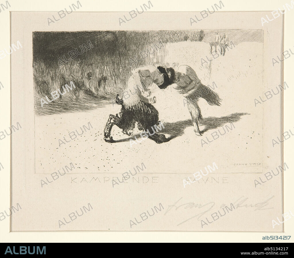 Artist: Franz Ritter von Stuck, German, 18631928, Fighting Fauns (Kampfende Faune), Etching, 4 × 5 5/8 in. (10.1 × 14.3 cm), Made in Germany, German, 19th century, Works on Paper - Prints.