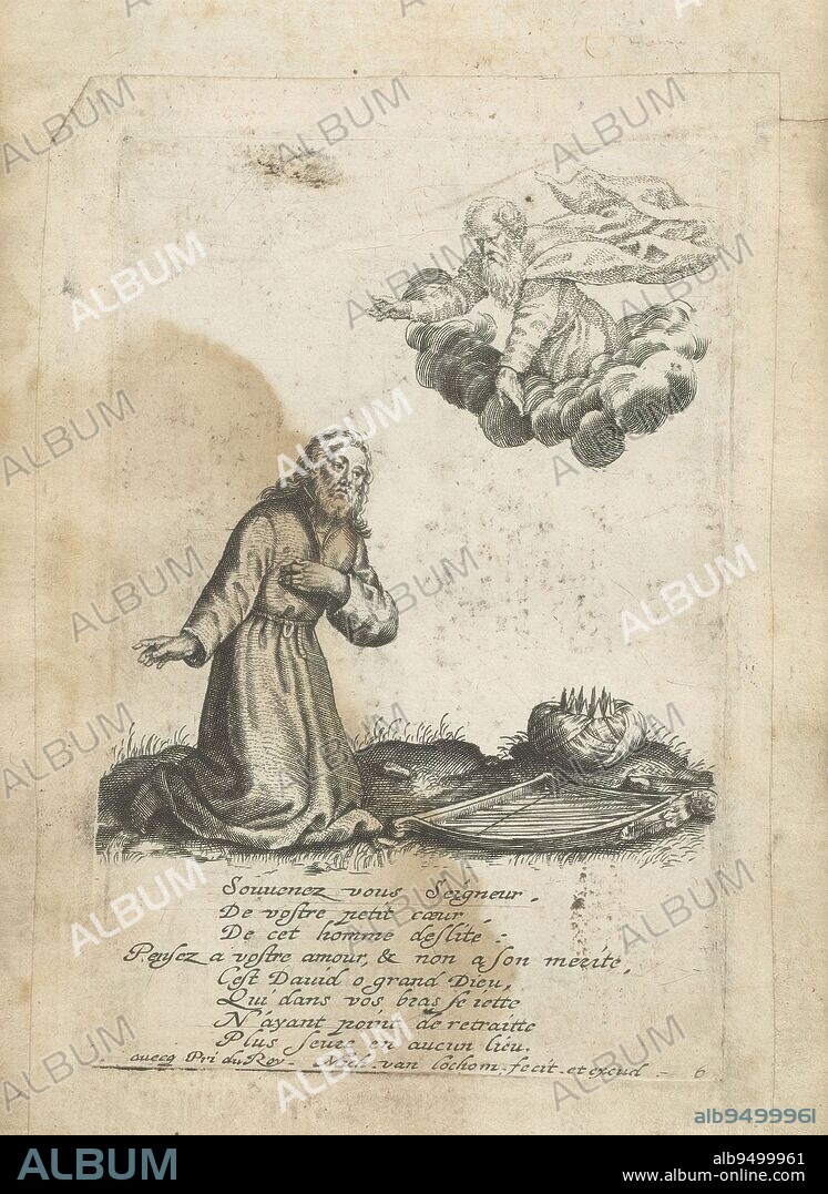 David as penitent, David disgracié (series title), David Profugus (series title), As a penitent, David is on his knees before God in the clouds. In front of David are his crown and harp. The print is part of an album., print maker: Michel van Lochom, (mentioned on object), publisher: Michel van Lochom, (mentioned on object), Lodewijk XIII (koning van Frankrijk), (mentioned on object), Paris, 1625 - 1647, paper, engraving, height 103 mm × width 69 mm.