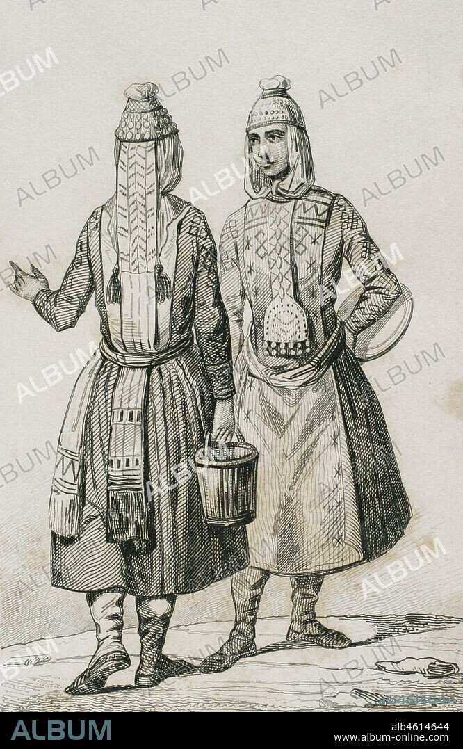 Chuvash people. Turkic ethnic group, native to an area stretching from the Volga Region to Siberia. The Chuvash people wearing traditional clothing. Engraving by Lemaitre, Vernier and Monnin. History of Russia by Jean Marie Chopin (1796-1870). Panorama Universal, Spanish edition, 1839.