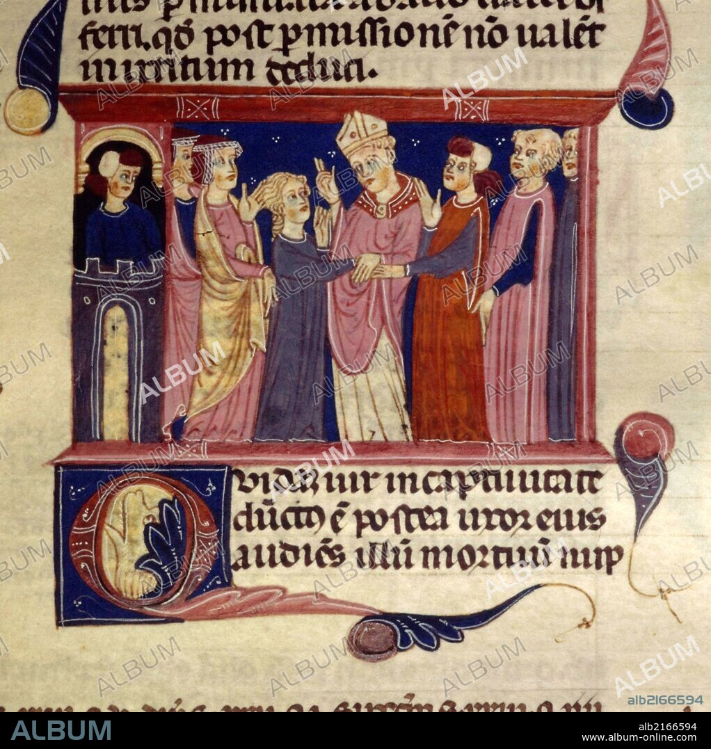 Miniatura del Decreto de Graciano "Decretum Gratiani", pintura sobre pergamino (Ms.239), Catedral de Tortosa. Gótico, S.XII.