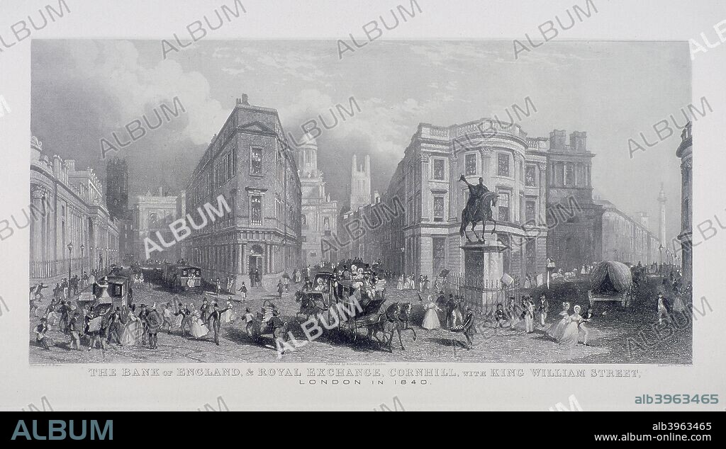 View of the Bank of England, Royal Exchange, Cornhill and King William Street, London, 1840(?); with a street scene and horse drawn carriages. Also showing a proposed statue of the Duke of Wellington.