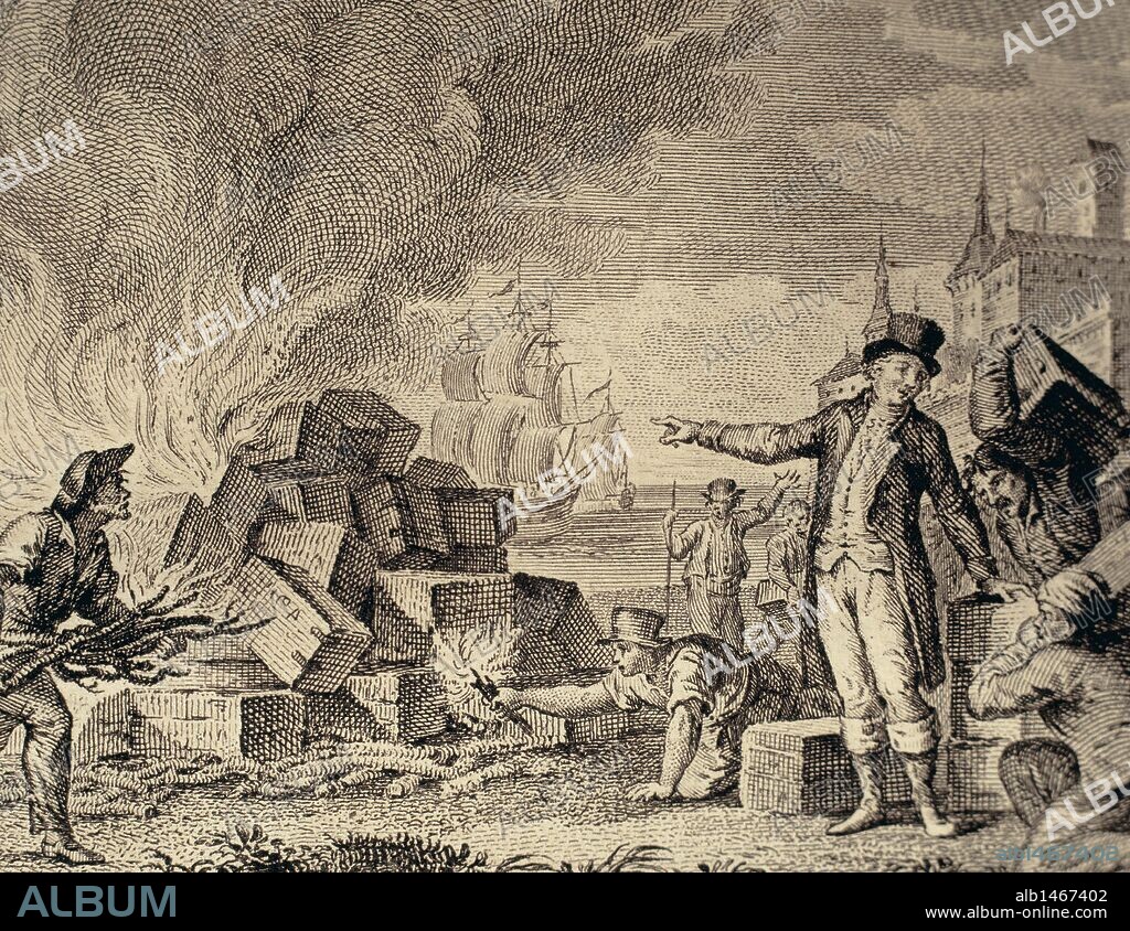 GUERRA DE LA INDEPENDENCIA AMERICANA (1775-1783). MOTIN DEL TE (BOSTON TEA PARTY), 16 de diciembre de 1773. Revolución de los colonos americanos contra las tasas impuestas por el Parlamento británico sobre el té. Disfrazados de indígenas abordaron buques mercantes británicos y arrojaron al agua, en el puerto de Boston, 342 huacales de te. Grabado de 1807.