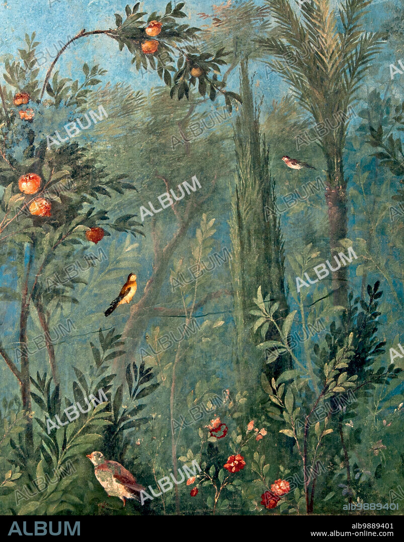Frescoes of the Villa of Livia at first gate. Frescoes of the Villa of Livia at first gate, plaster with fresco decoration. Italy, Latium, Rome. Detail. Flora and fauna.