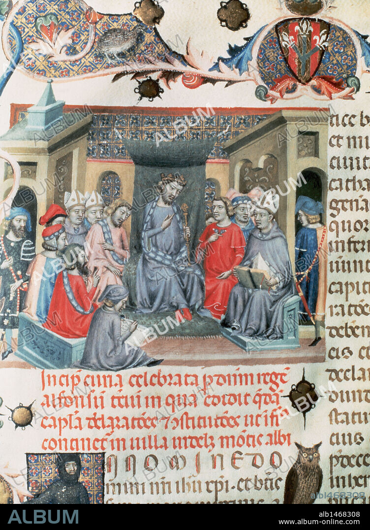 PERE ALBERT. ALFONSO IV de Aragón y III de Cataluña, llamado "el Benigno" (1299-1336). Rey de la Corona de Aragón (1327-1336). Hijo de Jaime II y Blanca de Anjou. Miniatura del "CODICE DE LOS USATGES" con la representación de las CORTES CATALANAS REUNIDAS EN MONTBLANC EL 18 DE JUNIO DE 1333, BAJO LA PRESIDENCIA DEL REY. Archivo Municipal de la Paeria. Lleida. Cataluña.