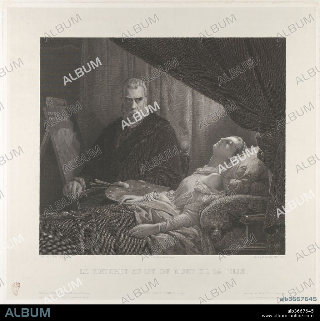 AFTER LÉON COGNIET et ACHILLE MARTINET. Tintoretto at His Daughter's Deathbed. Artist: after Léon Cogniet (French, Paris 1794-1880 Paris); Achille Martinet (French, Paris 1806-1877 Paris). Dimensions: Plate: 15 15/16 × 16 3/4 in. (40.5 × 42.5 cm)
Sheet: 19 5/16 × 18 7/16 in. (49 × 46.9 cm). Date: after 1843.
The painter Léon Cogniet was attracted to deeply emotional subjects, and in 1843 represented the Renaissance master Tintoretto painting his young daughter after her tragic death in 1590. The painting was shown at the Salon, is now at the Musée des Beaux-Arts, Bordeaux, and was engraved by Martinet.
