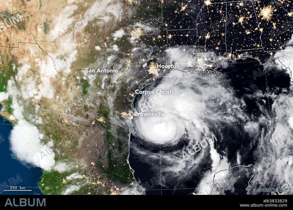 This satellite image shows Hurricane Harvey as the sun sets over the Gulf of Mexico on August 24, 2017.