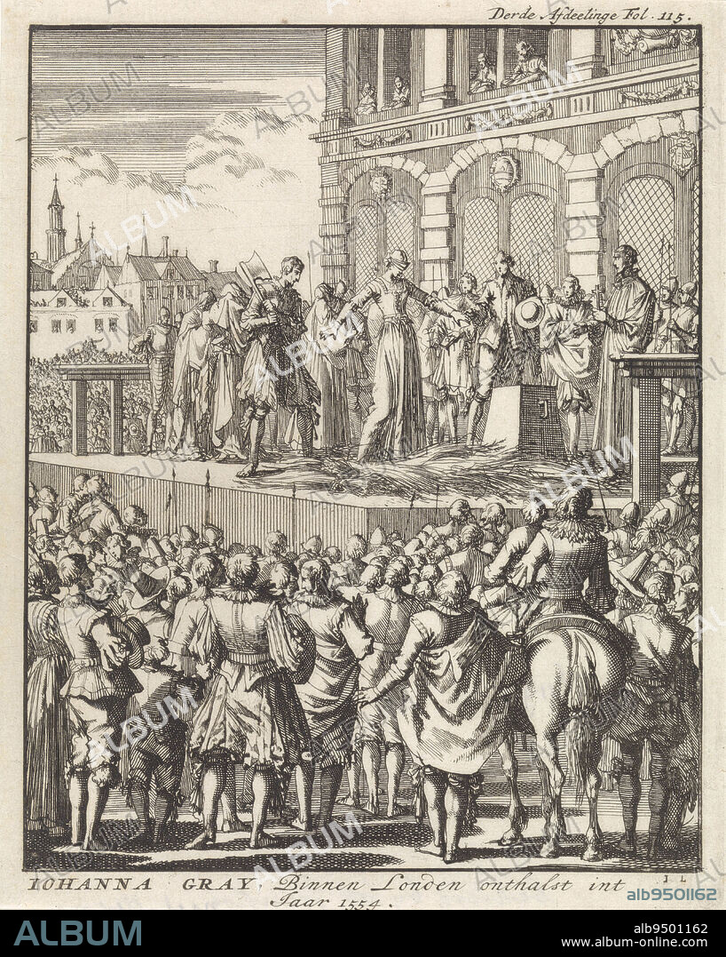 Print marked top right: Third Afdeelinge Fol. 115., Beheading of Lady Jane Grey at London, 1554 Johanna Gray, Within London onthalst int Year 1554 , print maker: Jan Luyken, (mentioned on object), publisher: Jan Claesz ten Hoorn, Amsterdam, 1698, paper, etching, h 186 mm × w 150 mm.