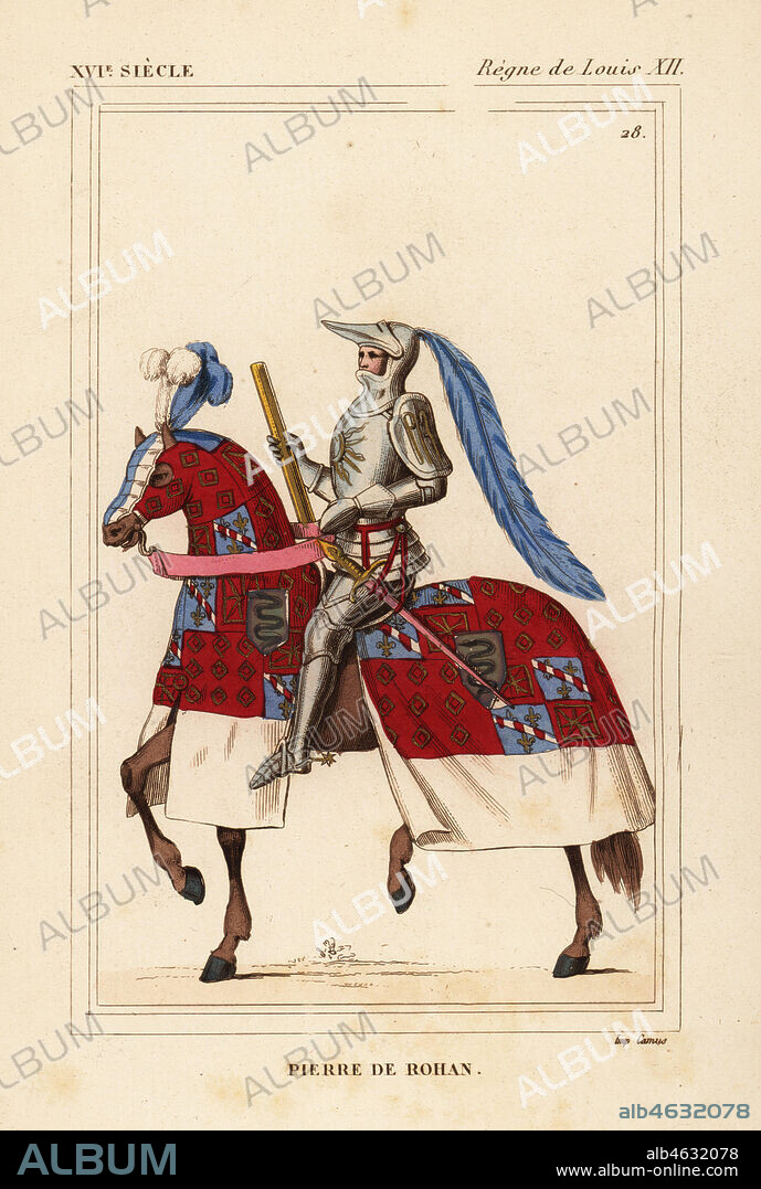 Pierre de Rohan, Marechal de Gie, politician and soldier 1451-1513. In suit of armour on a horse with his coat of arms. Handcoloured lithograph after a tapestry in the chateau du Verger in Roger de Gaignieres' portfolio VII 101 from Le Bibliophile Jacob aka Paul Lacroix's Costumes Historiques de la France (Historical Costumes of France), Administration de Librairie, Paris, 1852.