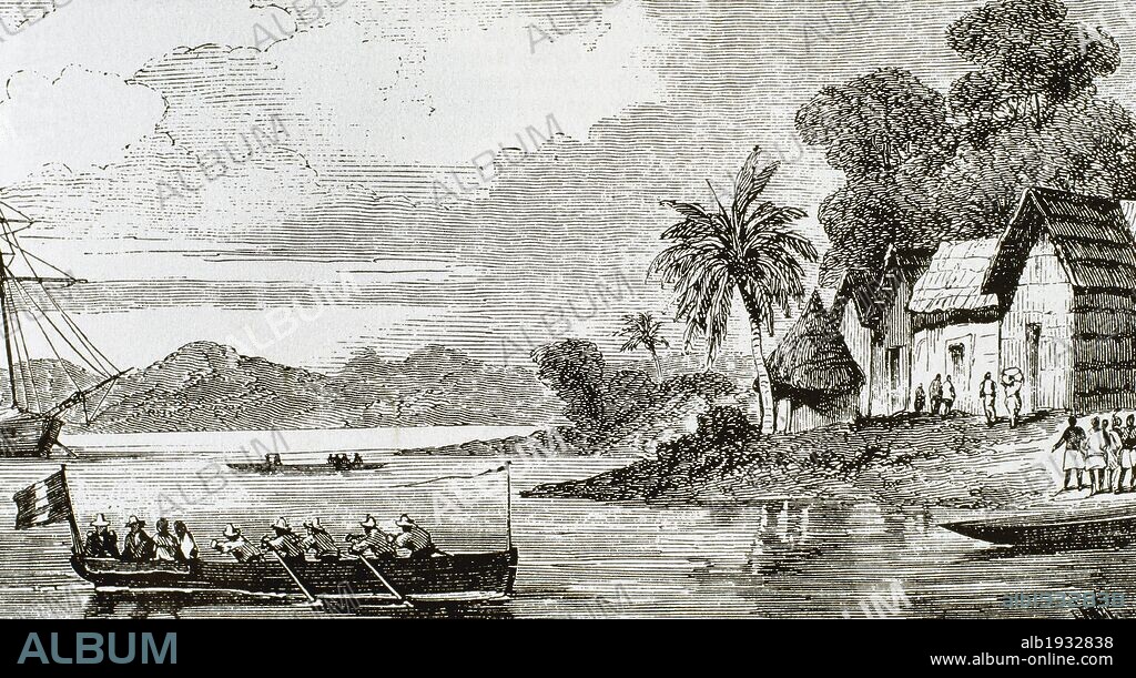COLONIALISMO. PRIMERAS EXPEDICIONES AFRICANAS. Embarcación francesa dirigiéndose a la aldea de Abata, situada a orillas del Lago Ebrié. Dibujo realizado por M. Kerjean (segunda mitad del s. XIX) .