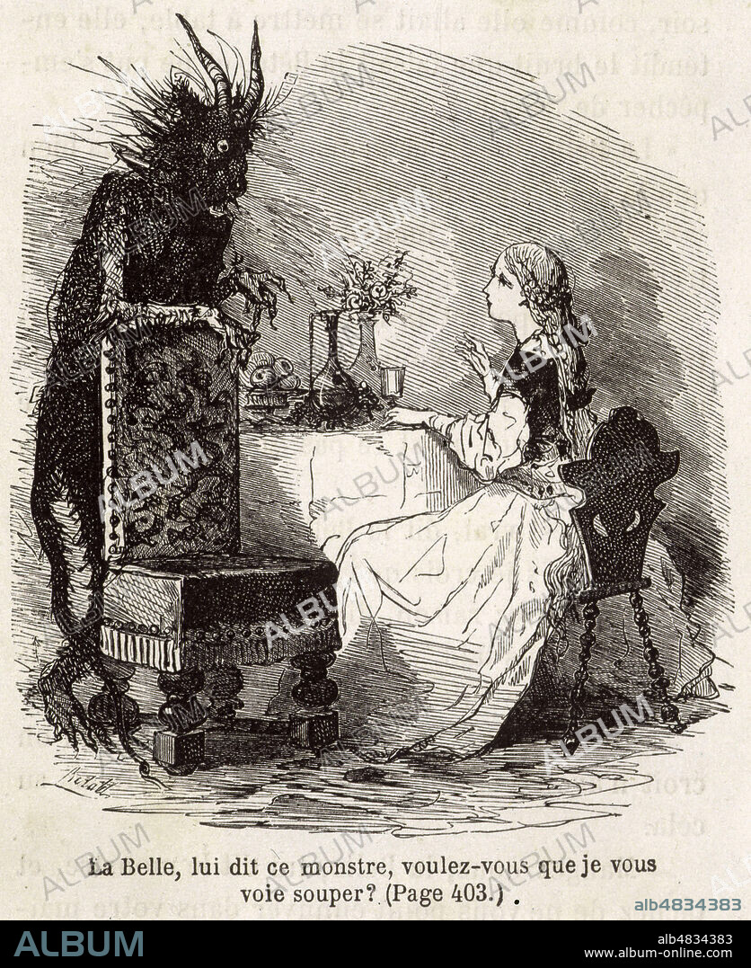 La Belle et la Bete, le repas. Gravure de Bertall d'apres le conte de Jeanne-Marie LEPRINCE de BEAUMONT (1711-1780) tire de Contes de fees edition Hachette, 1882. Credit COllection Kharbine Tapabor.