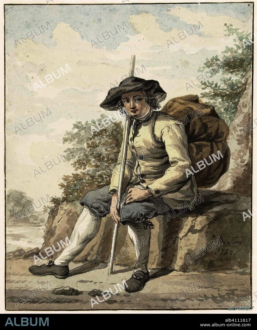 Seated man with a knapsack and a stick. Draughtsman: Jacob van Strij. Dating: 1784. Measurements: h 200 mm × w 161 mm.