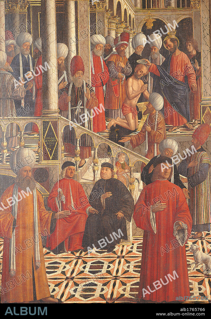 St Mark Baptising Anianus, by Giovanni Mansueti, 16th Century, oil on canvas,. Italy, Lombardy, Milan, Brera Art Gallery. Detail. St Mark Anianus baptism onlookers turbans Oriental dress perspective arches columns balconies pavement staircase red orange white pale blue black beige. Authorization required for non editorial use.