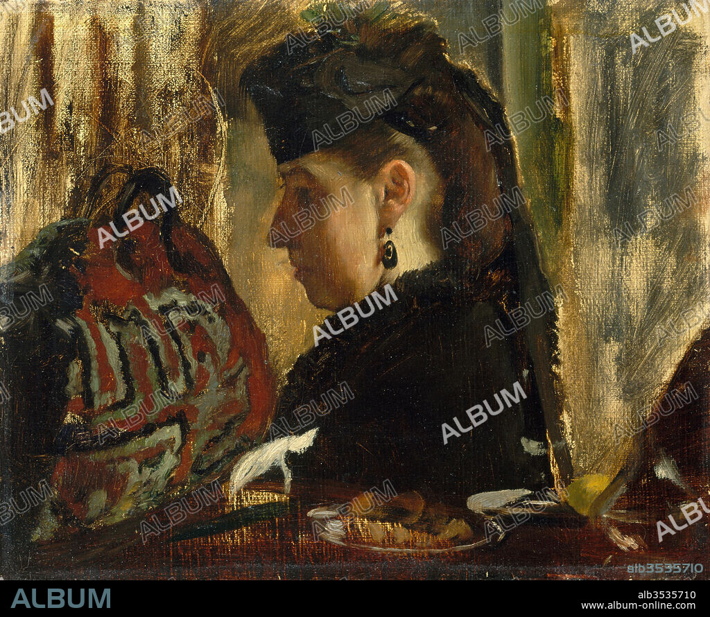 Mademoiselle Marie Dihau (1843–1935), 1867–68, Oil on canvas, 8 3/4 x 10 3/4 in. (22.2 x 27.3 cm), Paintings, Edgar Degas (French, Paris 1834–1917 Paris), Marie Dihau was a successful pianist and singer who lived in Lille but often came to Paris to perform. She recalled that Degas executed this portrait quickly at a restaurant. Shown in sharp profile, wedged between the remnants of a finished meal and a carpetbag, the sitter—a traveling musician whom Degas typically caught on the run—effectively makes a cameo appearance in this compelling character study.
