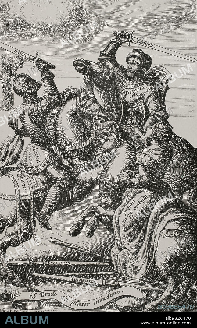 La caballería representada por personajes alegóricos. Facsímil por Huyot de un grabado de de "Le Chevalier délibéré", en su versión española, traducida por Hernando de Acuña y publicada en 1553; obra original del borgoñón Oliver de la Marche publicada en 1488. "Vie Militaire et Religieuse au Moyen Age et à l'Epoque de la Renaissance". París, 1877.