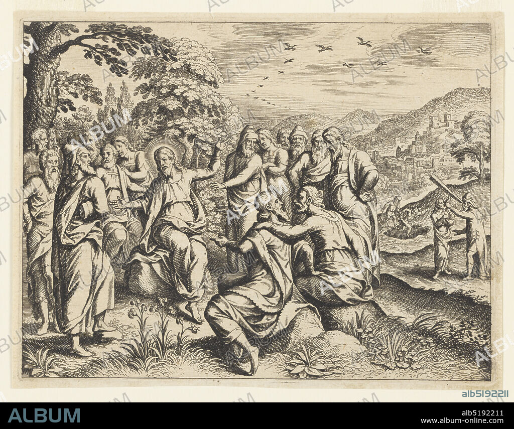 Sermon on the Mount, Michel Lasne, French, ca. 1590 - 1667, Engraving on paper, Scene depicting the figure of Jesus Christ sharing his moral teachings with others. Christ sits in the foreground at left upon a rock, a radiating halo surrounding his head, his arms raised in open gestures to those around him, and his gaze aimed at the figure to the left. He is surrounded by a crowd of men who listen to his teachings and discuss amongst themselves. Behind the group is a forest of leafy trees. To the right, indications of a valley with additional figures in conversation. A city on a hill in the background, with mountains in the distance. A flock of birds flies through the cloudy sky at upper right. Composition contained within rectangular framing line., France, 17th century, figures, Print, Print.