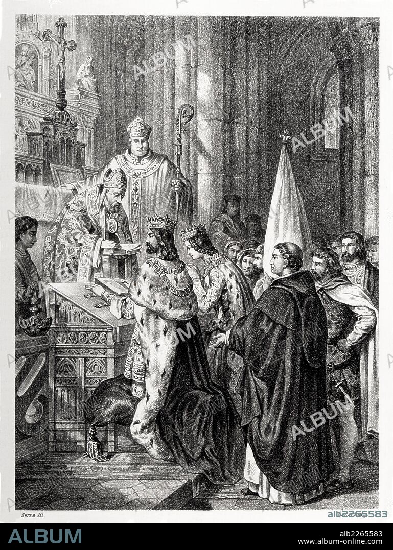 Historia de España. Casamiento de Alfonso III el Magno (866-912) con doña Jimena en Oviedo. Grabado de 1872.