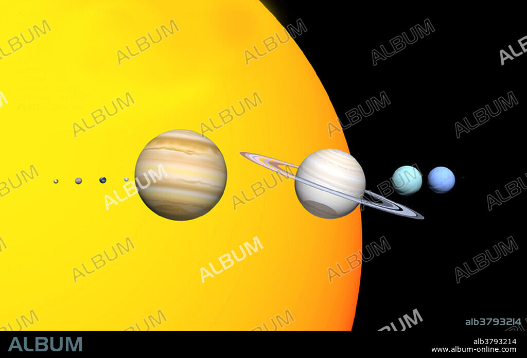 This diagram shows the relative size of the eight planets to the sun.