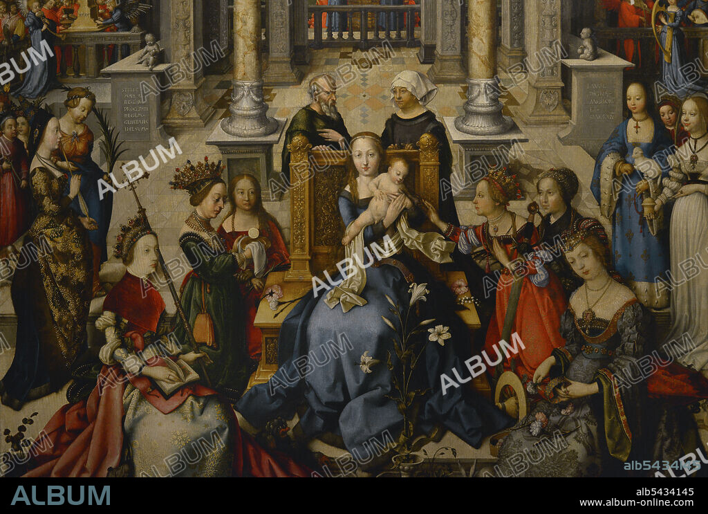 Hans Holbein the Elder (ca.1465-1524). German painter. Virgin and Child with Saints, 1519. Painting composed of a group of saints. From left to right: Agatha, Apollonia, Ursula, Margaret, Barbara, Dorothea, Catherine, Anne, Magdalene and Genevieve. In the centre, the Virgin and Child. Behind the throne of the Virgin, the figures of Anne and Saint Joachim can be seen. Oil on panel (192 x 137,5 cm). Detail. From Palacio das Necessidades (Lisbon). National Museum of Ancient Art. Lisbon, Portugal.