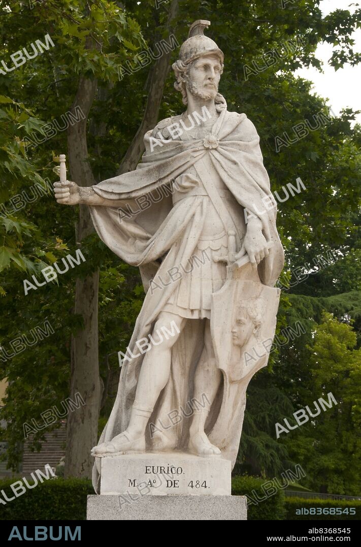 Euric (also known as Evaric, or Eurico in Spanish and Portuguese, c. 440 28 December 484), son of Theodoric I, ruled as king of the Visigoths, after murdering his brother, Theodoric II, from 466 until his death in 484. Sometimes he is called Euric II.<br/><br/>. With his capital at Toulouse, Euric inherited a large portion of the Visigothic possessions in the Aquitaine region of Gaul, an area that had been under Visigothic control since 415. Over the decades the Visigoths had gradually expanded their holdings at the expense of the weak Roman government, including Euric's sieges of Clermont in 475 and 476, as well as advancing well into Hispania in the process.<br/><br/>. Upon becoming king, Euric defeated several other Visigothic kings and chieftains in a series of civil wars and soon became the first ruler of a truly unified Visigothic nation. Taking advantage of the Romans' problems, he extended Visigothic power in Hispania. By the time the Western Roman Empire ended in 476 he controlled nearly the entire Iberian peninsula.