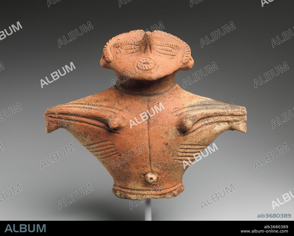 Dogu (Clay Figurine). Culture: Japan. Dimensions: H. 6 1/8 in. (15.6 cm); W. 7 1/4 in. (18.4 cm); D. 2 3/4 in. (7 cm).
Like most figurines found at Jomon sites, this one is broken at the waist, perhaps deliberately. Archaeologists conjecture that such figurines were used in ancient practices to ensure fertility.