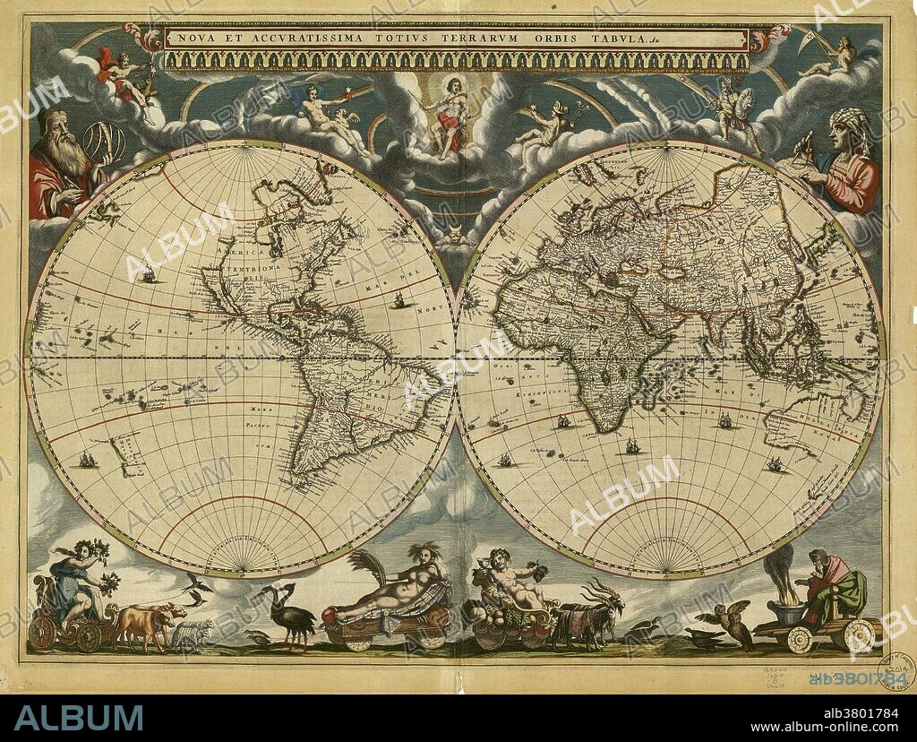World map, published around 1664 in Amsterdam, the Netherlands, by Dutch mapmaker Joan Blaeu (c.1599-1673). The Latin title is Nova et Accuratissima Totius Terrarum Orbis Tabula (new and accurate all world map). Blaeu's maps built on those made by Mercator and Hondius in the late 16th and early 17th centuries. The Blaeu maps emphasized fine art and colors, being the most expensive of the time. Two mapmakers are shown at upper right and upper left, together with a wide variety of mythical beings. The poorly-mapped regions include the far north and south, parts of the Americas (left-hand hemisphere), and the Far East. The western coast of Australia (New Holland) was discovered in 1616.
