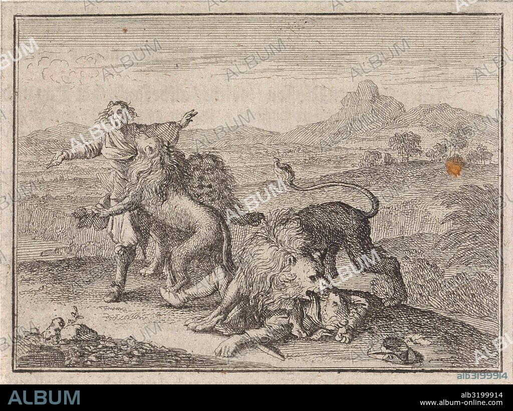 Two Abyssinian nobles being devoured by lions on the field that they ruined during their hunting, print maker: Caspar Luyken, Christoph Weigel, Frantz Martin Hertzen, 1710.